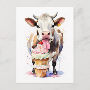 Lustige Kuh leckt Cupcakes für Kuhliebhaber Postkarte