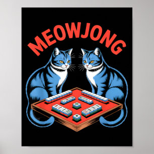 Lustige Meowjong-Katzen spielen Mahjong-Steine hum Poster