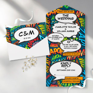 Lustige moderne Comic-Book-Typografie-Hochzeit  All In One Einladung
