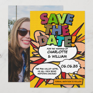 Lustige moderne farbenfrohe Comic-Book-Foto-Hochze Save The Date