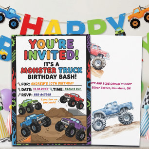 Lustige Monster-Trucks 10. Geburtstagseinladung Einladung