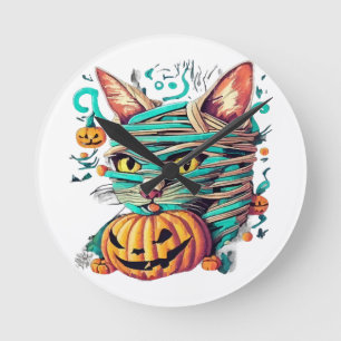Lustige Mumienkatze Halloween Runde Wanduhr