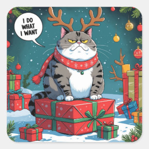 Lustige mürrische Katze Weihnachtsdesign – Dicke K Quadratischer Aufkleber