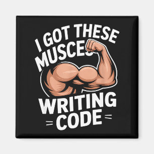Lustige Muskeln schreiben Code und sagen Programmi Magnet