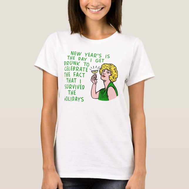 Lustige neue Jahre der Retro trinkenden T-Shirt (Vorderseite)