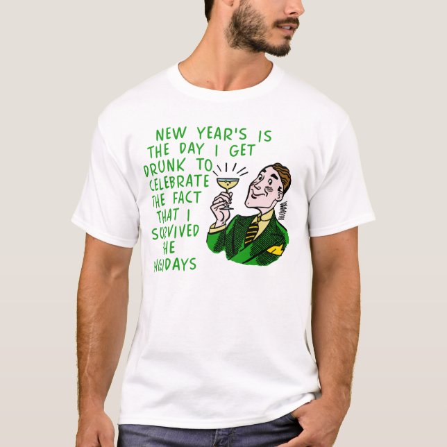 Lustige neue Jahre Retro trinkende Mann-mit T-Shirt (Vorderseite)