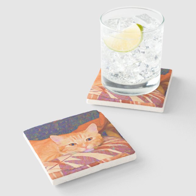 Lustige niedliche helle orange Tabby-Katze Steinuntersetzer (Seitenansicht)