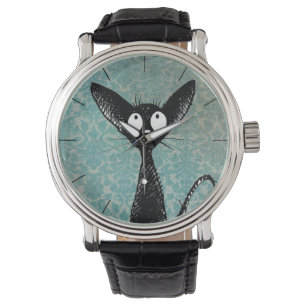Lustige niedliche schwarze Katzen-Kunst auf blauem Armbanduhr
