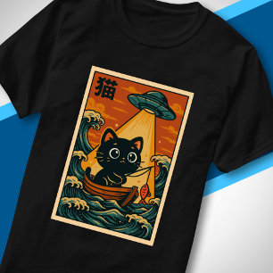 Lustige niedliche UFO-Anglerkatze Retro-Japanische T-Shirt