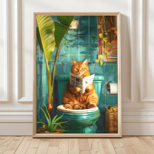 Lustige orange getigerte Katze auf Toilette Druck, Poster