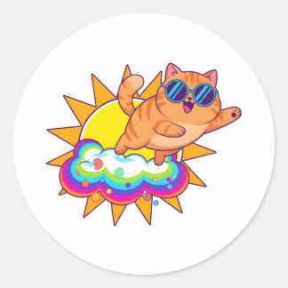 Lustige Orange Katze Blep Zunge Raus Regenbogenwol Runder Aufkleber