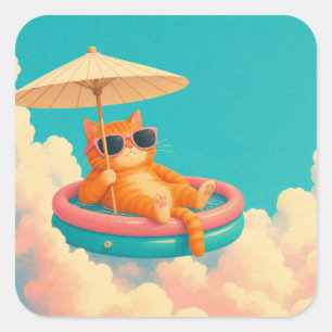 Lustige orange Katze Pool Float Sommerurlaub Quadr Quadratischer Aufkleber