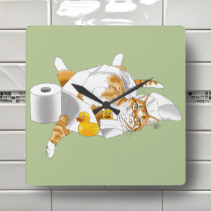 Lustige Orange Katze Toilettenpapier Grün Quadratische Wanduhr