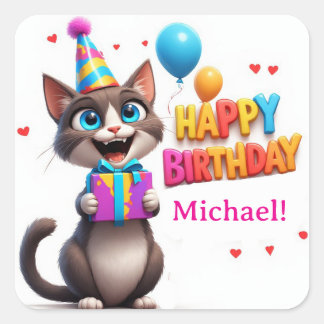 Lustige Partykatze mit Geburtstagsgeschenk 🐾 Quadratischer Aufkleber