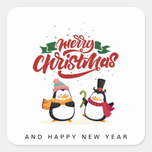 Lustige Pinguin-Weihnachtskarte, Frohe Weihnachten Quadratischer Aufkleber