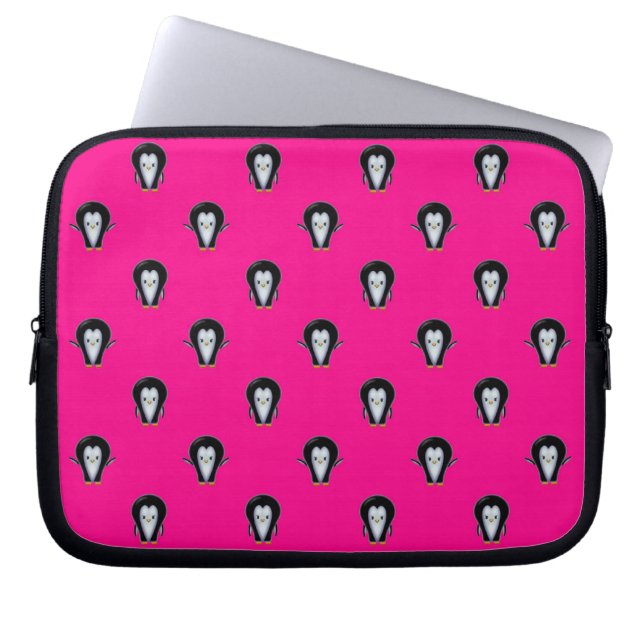Lustige Pinguine über Hot Pink Muster Laptopschutzhülle (Vorderseite)