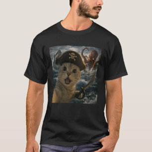 Lustige Piratenkatze Selfie mit Meeresmonster Okto T-Shirt