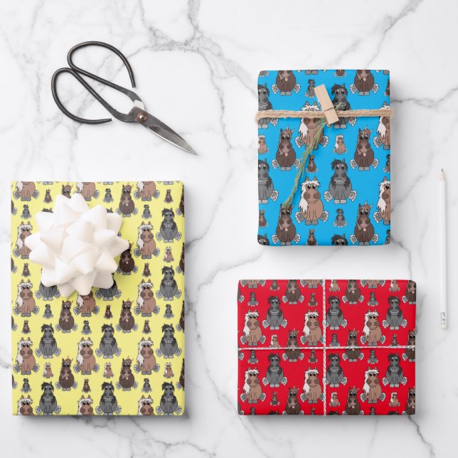 Lustige Pony 3 Farben Geschenkpapier Set (Vorderseite)