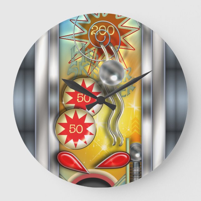 Lustige Retro Flipperautomat-Maschine Große Wanduhr (Vorderseite)