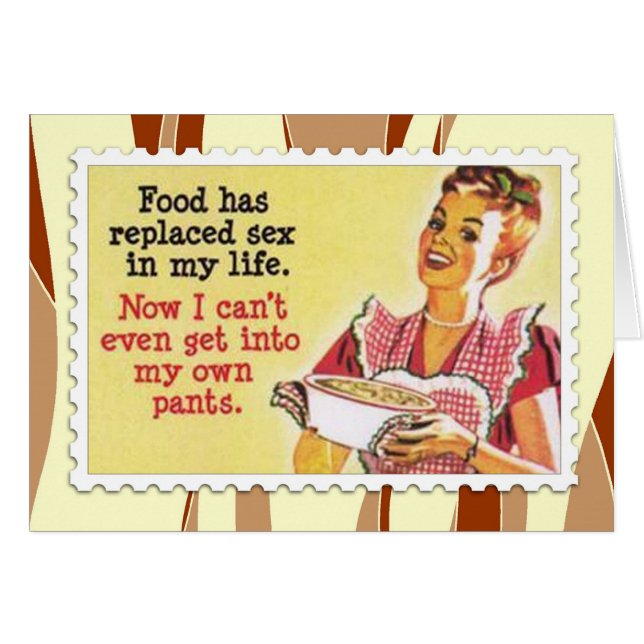 Lustige Retro Frau, die Karte kocht (Vorderseite (Horizontal))