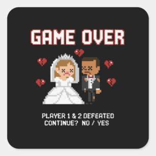 Lustige Retro-Gamer-Hochzeit "Game Over" Pixel-Art Quadratischer Aufkleber