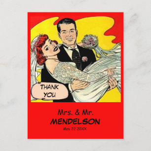 Lustige Retro-Vintage-Comic-Hochzeit Danke Postkarte