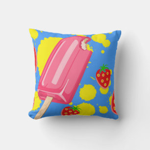 Lustige rosa Eis am Stiel und Erdbeeren Illustrati Kissen