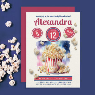 Lustige Rote Blaue Popcorn Kino Nacht Party Aquare Einladung