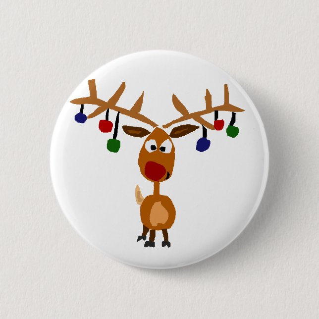Lustige rote gerochene Ren Weihnachtskunst Button (Vorderseite)