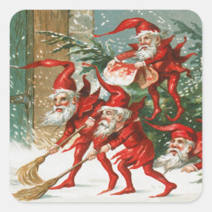 LUSTIGE ROTE WEIHNACHTSELFE, DIE IM SCHNEE KEHREN QUADRATISCHER AUFKLEBER