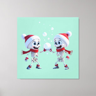 Lustige Santa-Skelette beim Schneeballkampf Leinwanddruck