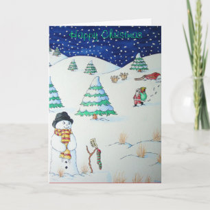 lustige Santa- und Snowman-Schneeszene für Weihnac Feiertagskarte