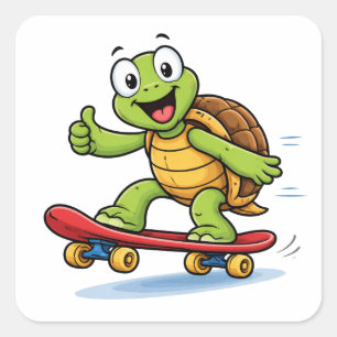 Lustige Schildkröte Skateboard Cartoon Kunst Aufkl Quadratischer Aufkleber