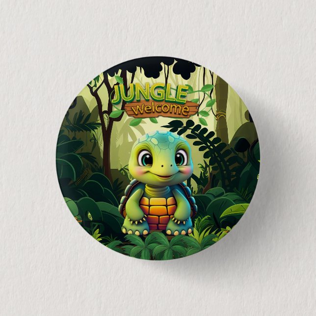 Lustige Schildkröten-Dschungel-Willkommens-Box Was Button (Vorderseite)