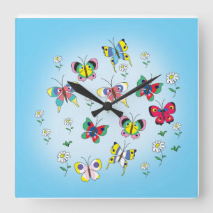 lustige Schmetterlinge vor dem Hintergrund des Him Quadratische Wanduhr