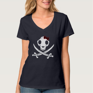 Lustige Schwarz-Weiß-Fröhliche-Kitty-Pirat-Totenko T-Shirt
