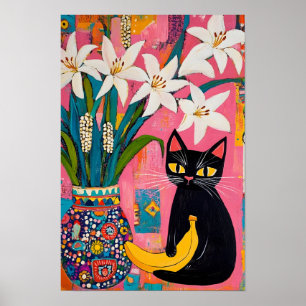 Lustige schwarze Katze Banane und Blumen Vase  Poster