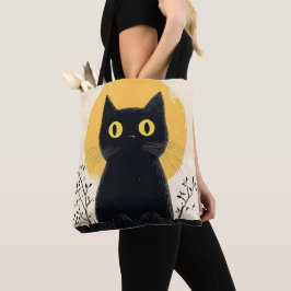 Lustige schwarze Katze bei Vollmond Tasche