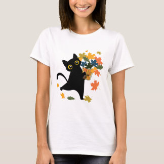 Lustige schwarze Katze Blatt fällt Hallo Herbst T-Shirt