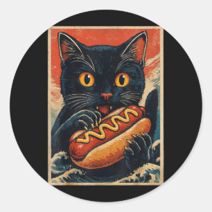 Lustige schwarze Katze, die Hot Dog Retro-Japanisc Runder Aufkleber