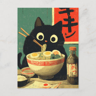 Lustige schwarze Katze, die Ramen isst Einladungspostkarte