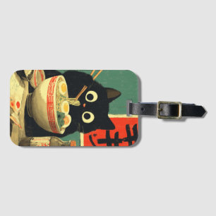 Lustige schwarze Katze, die Ramen isst Gepäckanhänger
