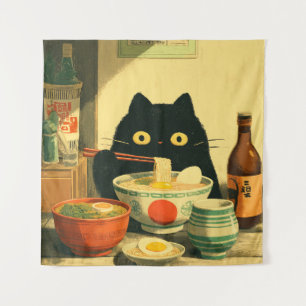 Lustige schwarze Katze, die Ramen isst Japanisch Wandteppich