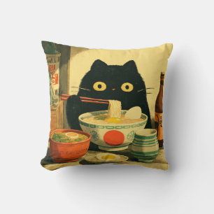 Lustige schwarze Katze, die Ramen isst Kissen