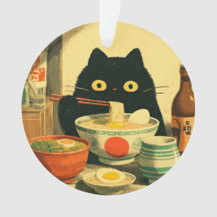 Lustige schwarze Katze, die Ramen isst Ornament