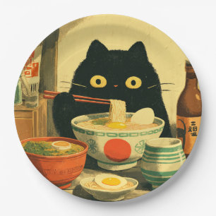 Lustige schwarze Katze, die Ramen isst Pappteller