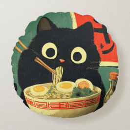 Lustige schwarze Katze, die Ramen isst Rundes Kissen