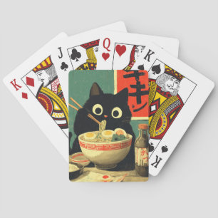 Lustige schwarze Katze, die Ramen isst Spielkarten