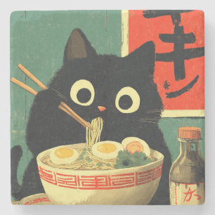 Lustige schwarze Katze, die Ramen isst Steinuntersetzer