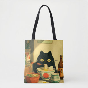 Lustige schwarze Katze, die Ramen isst Tasche